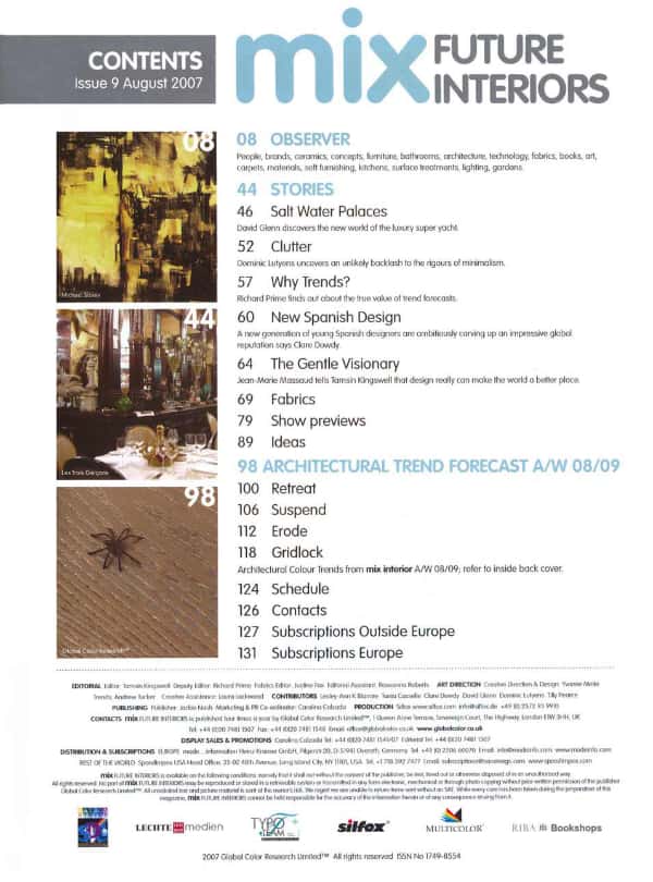 Mix Future Interiors Magazine - contents page